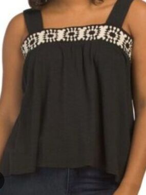 Lucky Brand Black Tank with White Embroidered Yoke